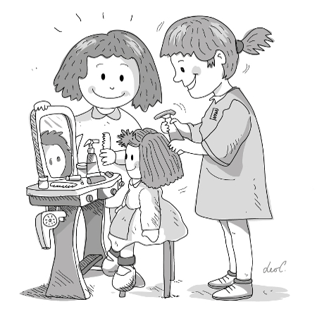 Disegno di due bambine che giocano a fare la parrucchiera e acconciano una bambola
